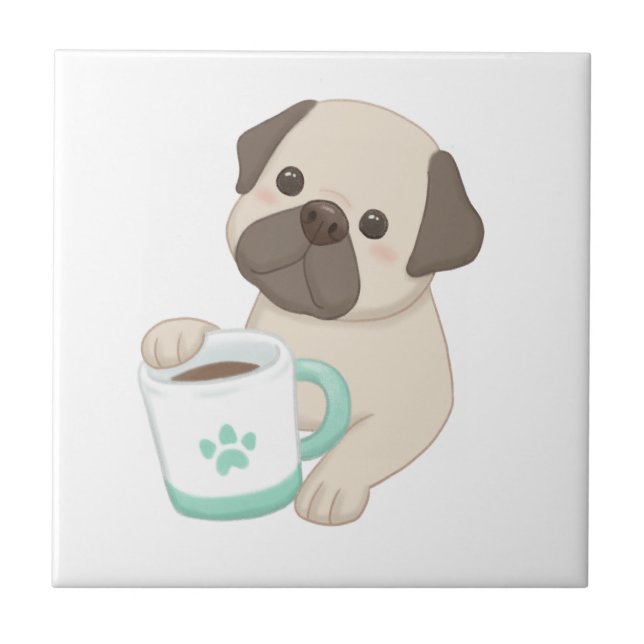 Cute Dog & Mug Illustration  Ceramic Tile (Front)