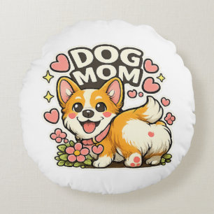 Cute Dog Mum Corgi Sticker Kawaii Flowe,Heart art Round Cushion