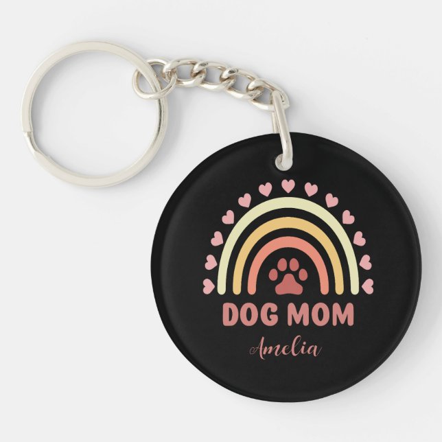 Cute Dog Mum Custom Name Rainbow Pattern Key Ring (Front)