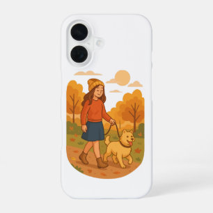 Cute Dog Mum Walking Pup in Cosy Forest iPhone 16 Case