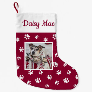 Cute Dog Name & Photo Red and White Paw Prints Small Christmas Stocking