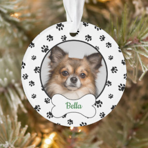Cute Dog Name Year Bone Black Paw Prints Photo Ornament