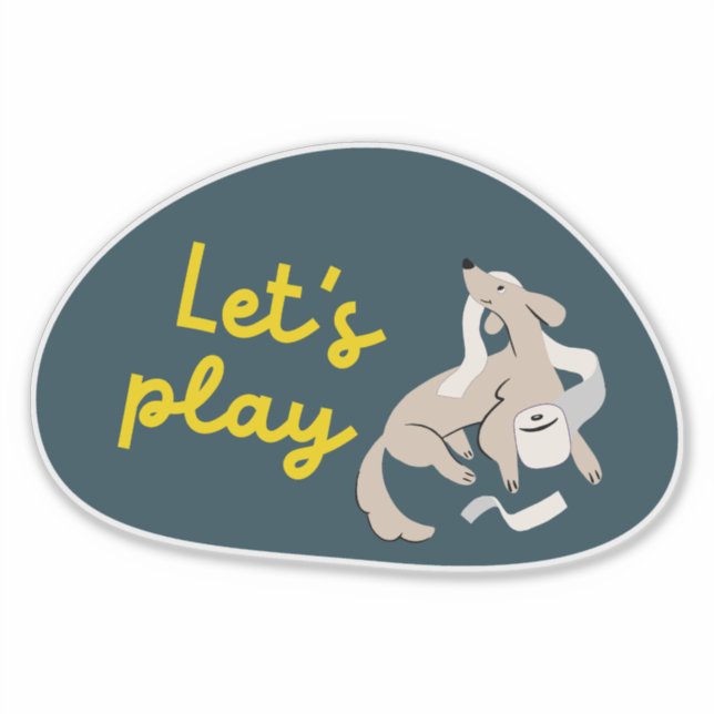Cute dog, navy and yellow "let's play!" sticker (Front)