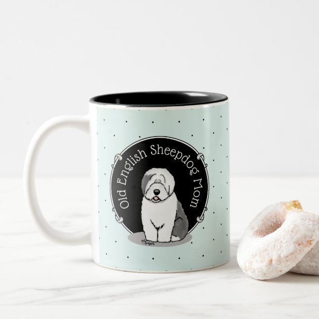 Cute Dog OES Mum Old English Sheepdog Mum (Grey 1) Two-Tone Coffee Mug (With Donut)