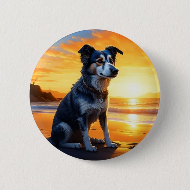 Cute Dog on Beach at Sunset  6 Cm Round Badge (Front)