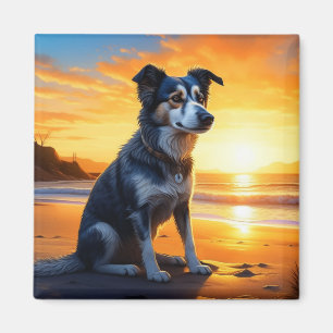 Cute Dog on Beach at Sunset  Magnet