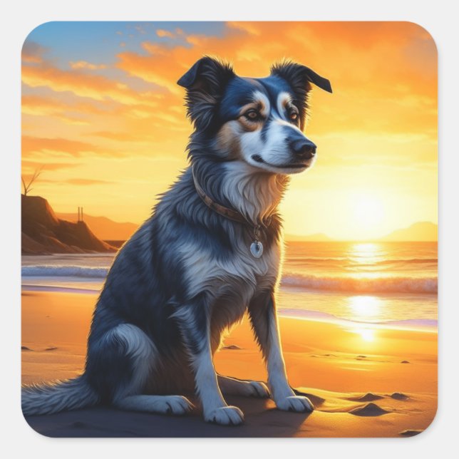 Cute Dog on Beach at Sunset  Square Sticker (Front)