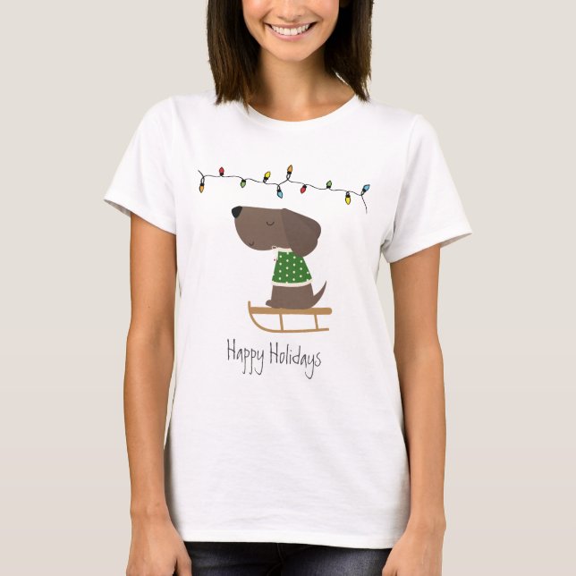 Cute Dog on Sled Holiday T-Shirt (Front)