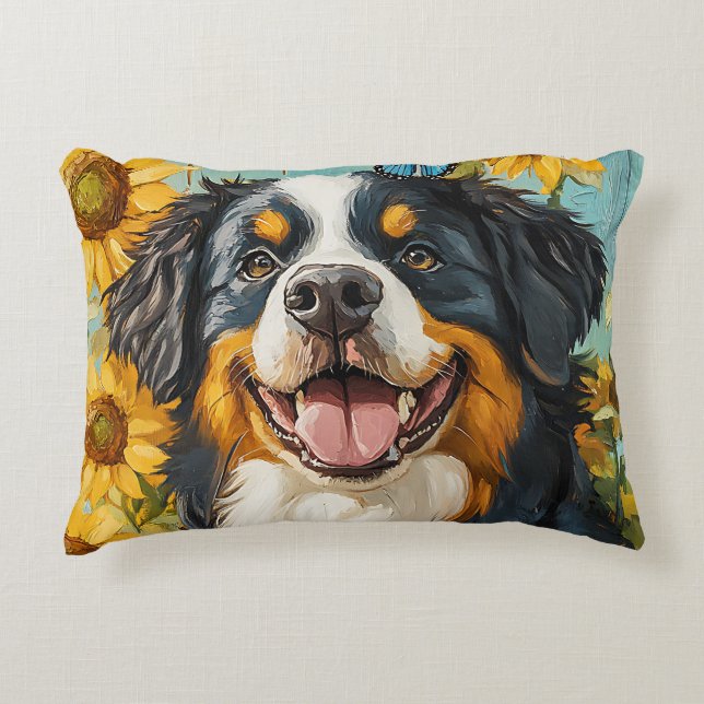 Cute Dog Painting Rustic Sunflowers Butterflies Decorative Cushion (Front)