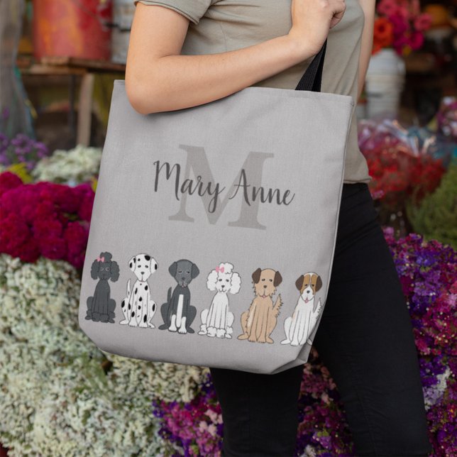 Cute Dog Pattern Monogram Personalised Pet Lover  Tote Bag (Cute dog breed pattern tote bag featuring playful cartoon puppies in a repeating design for pet love)
