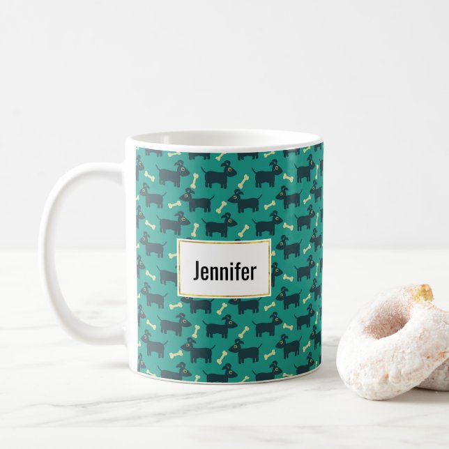 Cute Dog Pattern with Bone on Green Background Coffee Mug (With Donut)
