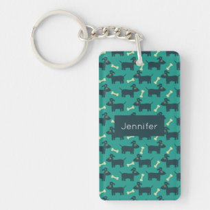 Cute Dog Pattern with Bone on Green Background Key Ring