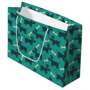 Cute Dog Pattern with Bone on Green Background Large Gift Bag