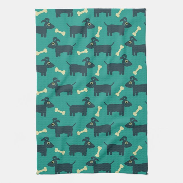 Cute Dog Pattern with Bone on Green Background Tea Towel (Vertical)