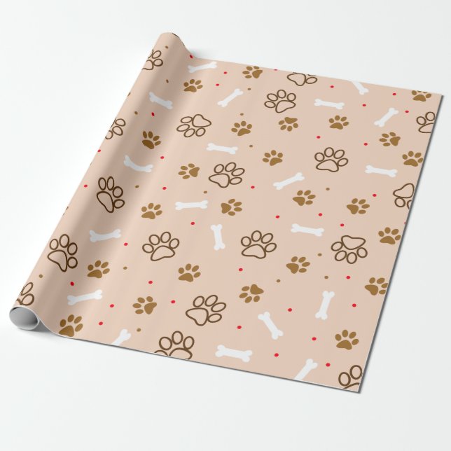 Cute dog pattern with paws bones tiny polka dots wrapping paper (Unrolled)