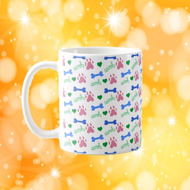 Cute Dog Paw Pattern Hearts, Bones Woof Pink Blue  Coffee Mug (A mug with a pattern of pink dog paws, blue bones, green hearts and the word woof.)