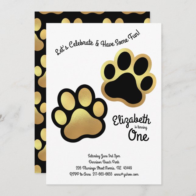 Cute Dog Paw Print Kids 1st Birthday Gold Black Invitation (Front/Back)