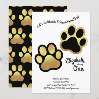 Cute Dog Paw Print Kids 1st Birthday Gold Black Invitation