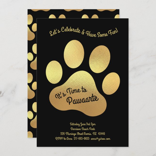 Cute Dog Paw Print Kids 1st Birthday Gold Black Invitation (Front/Back)