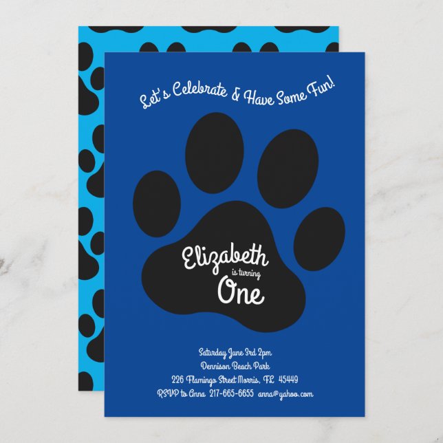 Cute Dog Paw Print Kids 1st Birthday Party Invitation (Front/Back)