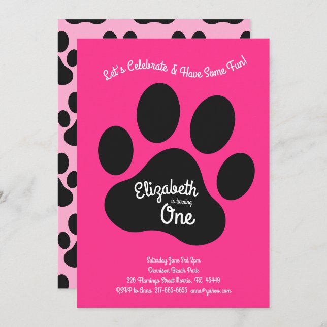 Cute Dog Paw Print Kids 1st Birthday Party Pink Invitation (Front/Back)
