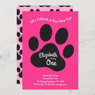 Cute Dog Paw Print Kids 1st Birthday Party Pink Invitation