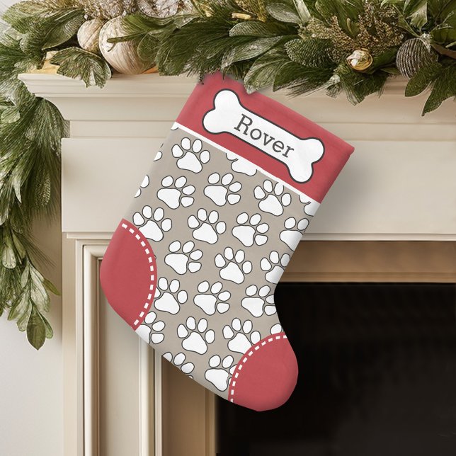 Cute Dog Paw Print Pattern Custom Pet Name Small Christmas Stocking (Personalized Christmas Stocking)