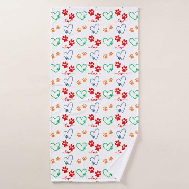 Cute DOG PAW PRINTS and LOVE HEARTS Bath Towel (Bath Towel)