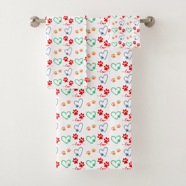 Cute DOG PAW PRINTS and LOVE HEARTS Bath Towel Set (Insitu)