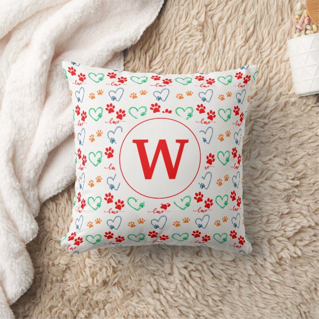 Cute DOG PAW PRINTS and LOVE HEARTS Monogram Cushion (Blanket)