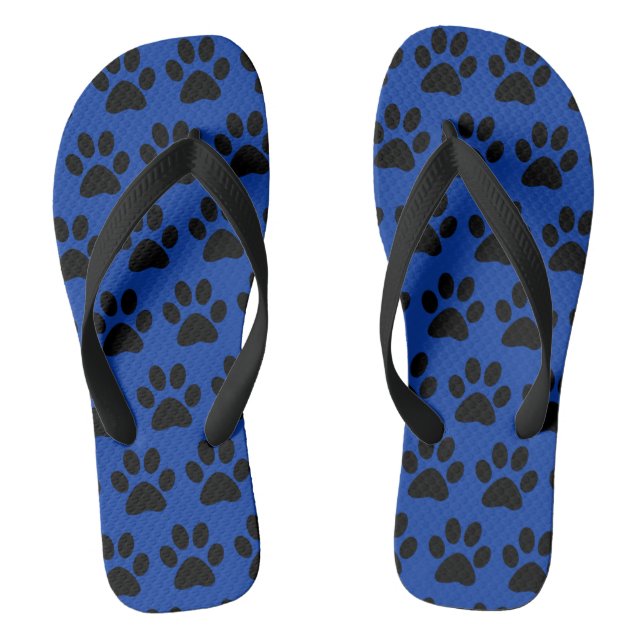 Cute Dog Paw Prints Black Blue  Thongs (Footbed)
