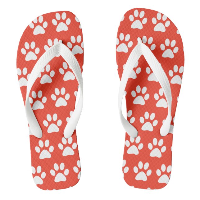 Cute Dog Paw Prints Pattern Red White Fun Summer Thongs (Footbed)