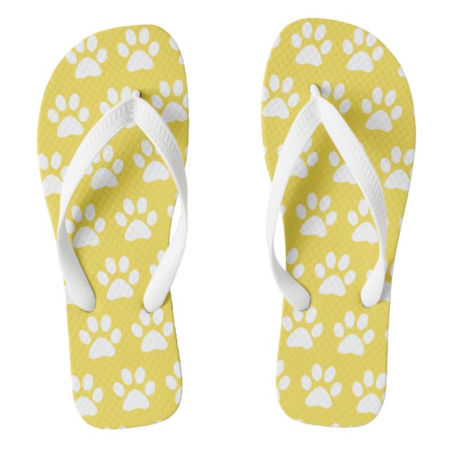 Cute Dog Paw Prints Pattern Yellow Summer Beach Thongs (Footbed)