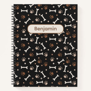 Cute Dog Paws & Bones and Custom Name / Black Notebook