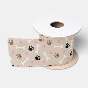 Cute Dog Paws Bones & Hearts on Beige Satin Ribbon