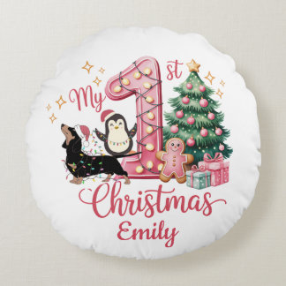 Cute Dog Peguin My First Christmas Round Cushion