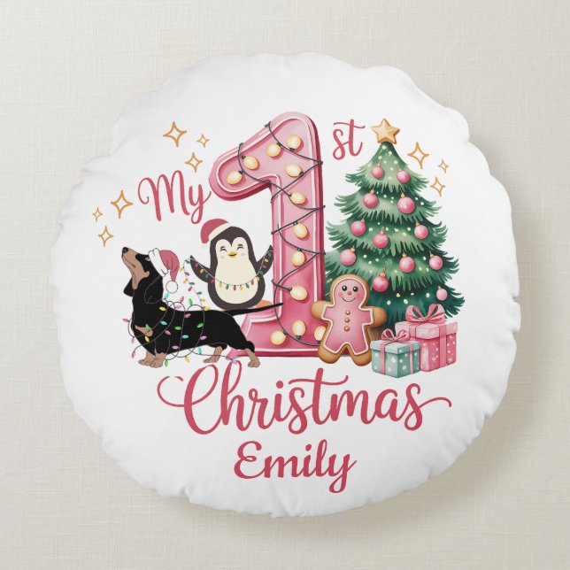 Cute Dog Peguin My First Christmas Round Cushion (Front)