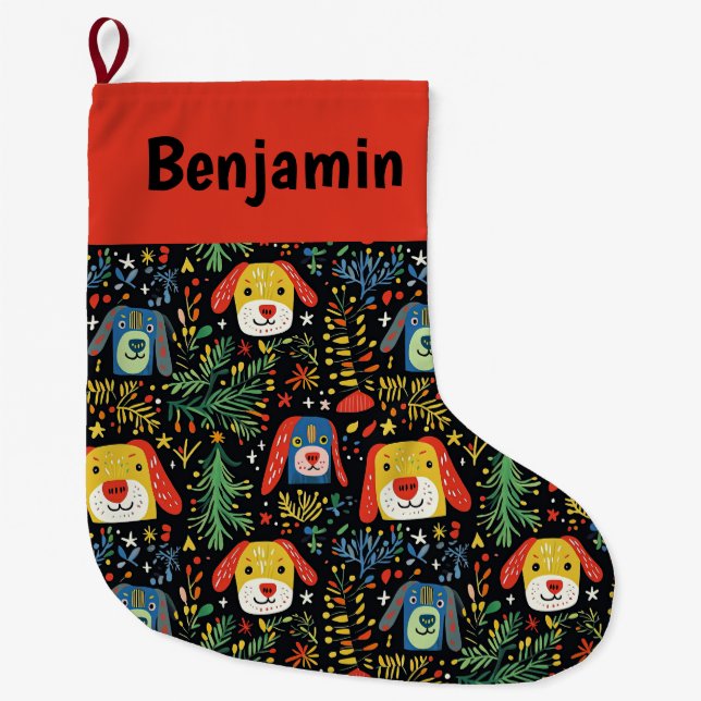 Cute Dog Personalised Large Christmas Stocking (Front)