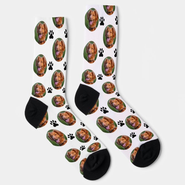 Cute Dog Pet Photo with Paw Print Pattern Socks (Right)