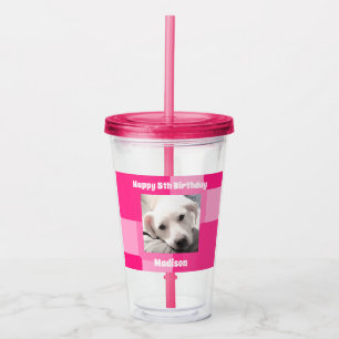  Cute Dog Photo 5th Birthday Pink Acrylic Tumbler