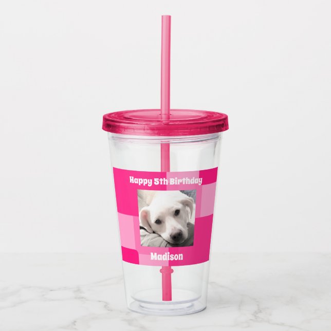  Cute Dog Photo 5th Birthday Pink Acrylic Tumbler (Front)