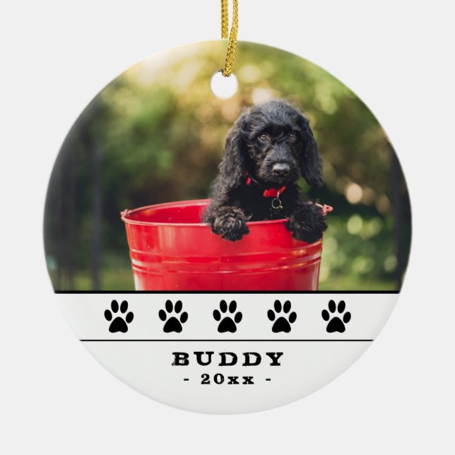 Cute Dog Photo Black Paws Holiday Keepsake Ceramic Ornament (Front)