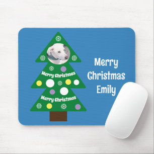 Cute Dog Photo in Colourful Christmas Tree Blue Mouse Pad