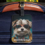 Cute Dog Photo Luggage Tag<br><div class="desc">"Where we going?" text over a cute dog photo (can be changed to your dog) on a luggage tag that features a business card slot on the back.</div>