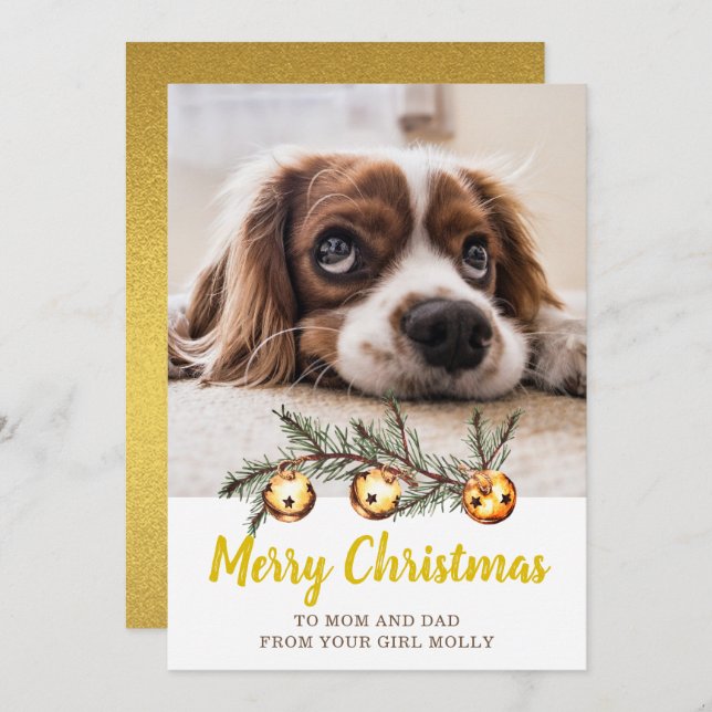 Cute Dog Photo Merry Christmas Mum Dad Gold Holiday Card (Front/Back)