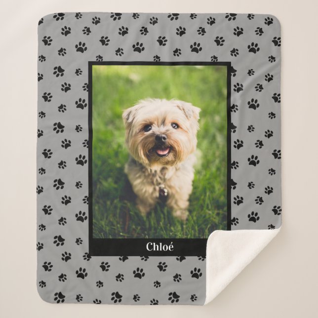 Cute Dog Photo Name Black Paw Prints Silver Grey Sherpa Blanket (Front)