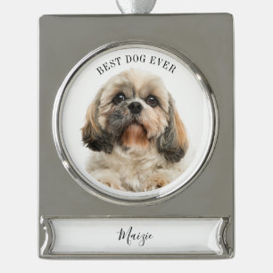 Cute Dog Photo Personalised Pet Holiday Silver Plated Banner Ornament