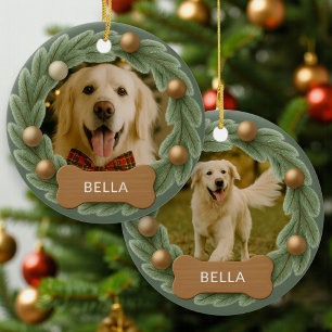 Cute Dog Photo Wreath Holiday Christmas Ceramic Ornament