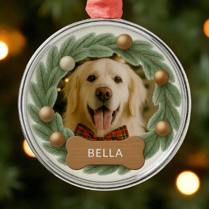 Cute Dog Photo Wreath Name Holiday Christmas Metal Ornament