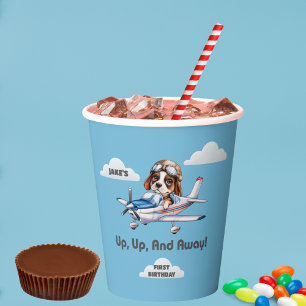 Cute Dog Pilot Flying Aeroplane Boy First Birthday Paper Cups